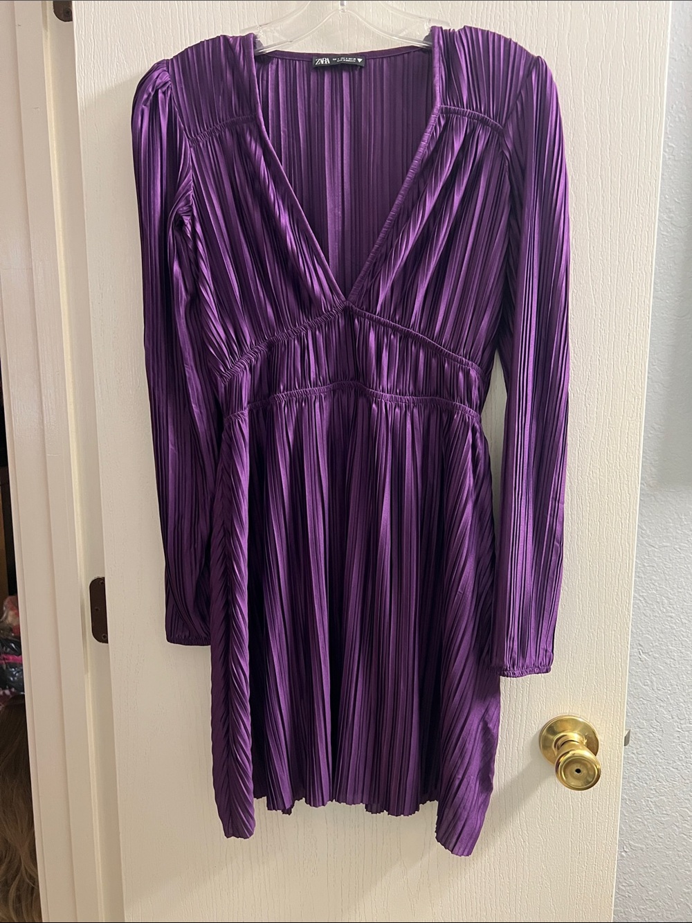 Zara Purple Pleated V‑Neck Mini Dress